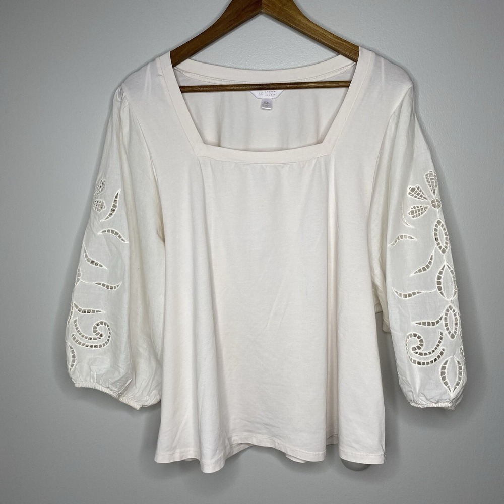 Lauren Conrad beige square neck stretch embroidered pierced 3/4 sleeve top XXL